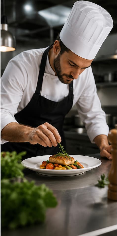 Chef préparant un plat dans sa cuisine